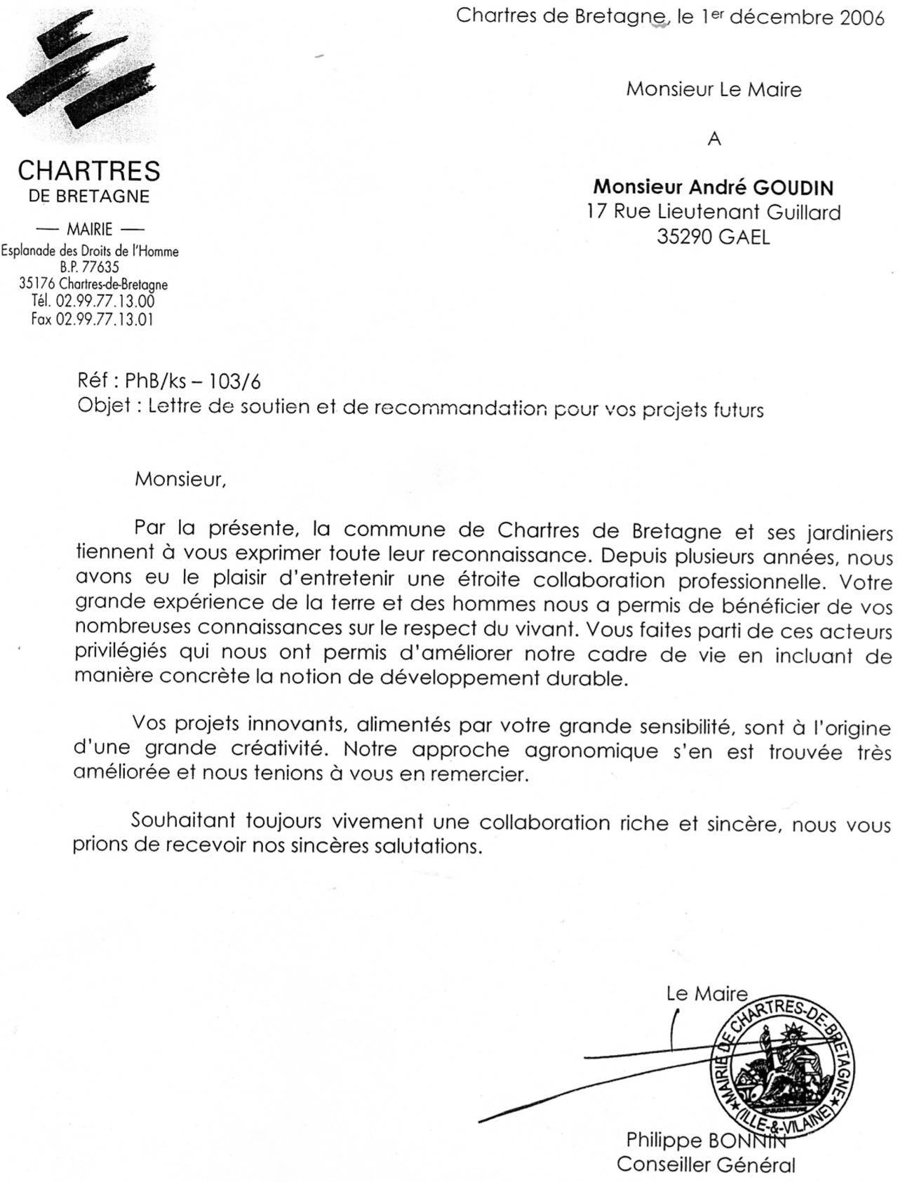 lettre de remerciment mairie de chartre 2006 Agro Alizés Environnement